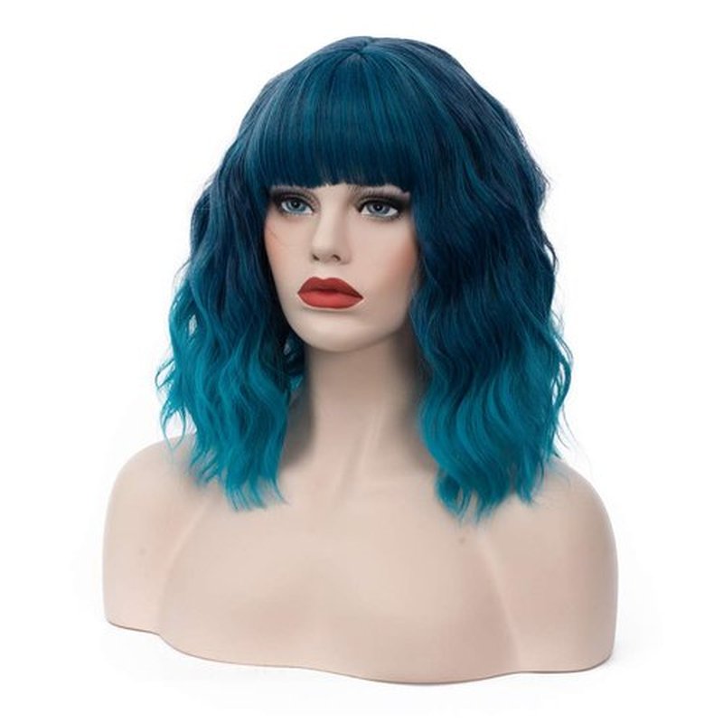 WGPFWIG Women's Blue Ombre Wig Short Curly Wavy Wig Shoulder Length Flat Bangs Wig For Women Girl Cosplay Party Halloween Wig Cap Included (Blue Ombre)