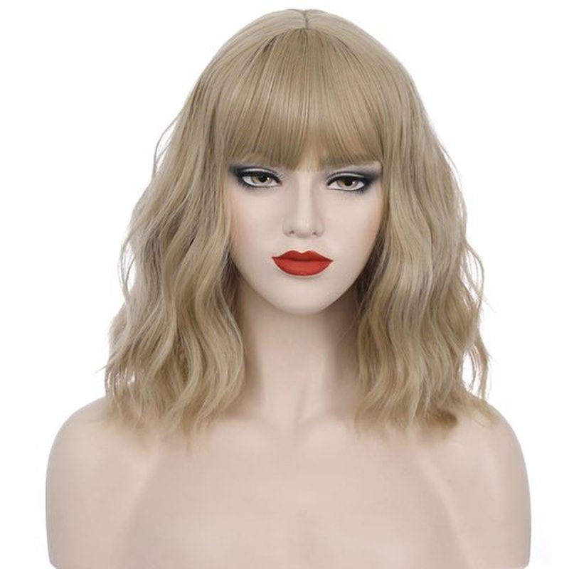 PATTNIUM Flaxen Blonde Wig Short Curly Wig Mixed Blonde Wig Flaxen Bob Wig Flaxen Wig with Bang for Women Girls Synthetic Hair Cosplay Costume Wig (Flaxen Blonde)