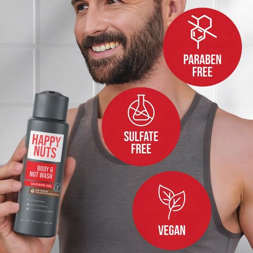 HAPPY NUTS Big Wood Body and Nut Wash - Moisturizing Men's Shower Gel, Bodywash with Deep Cleanse for Sensitive Skin - Men's Body Soap