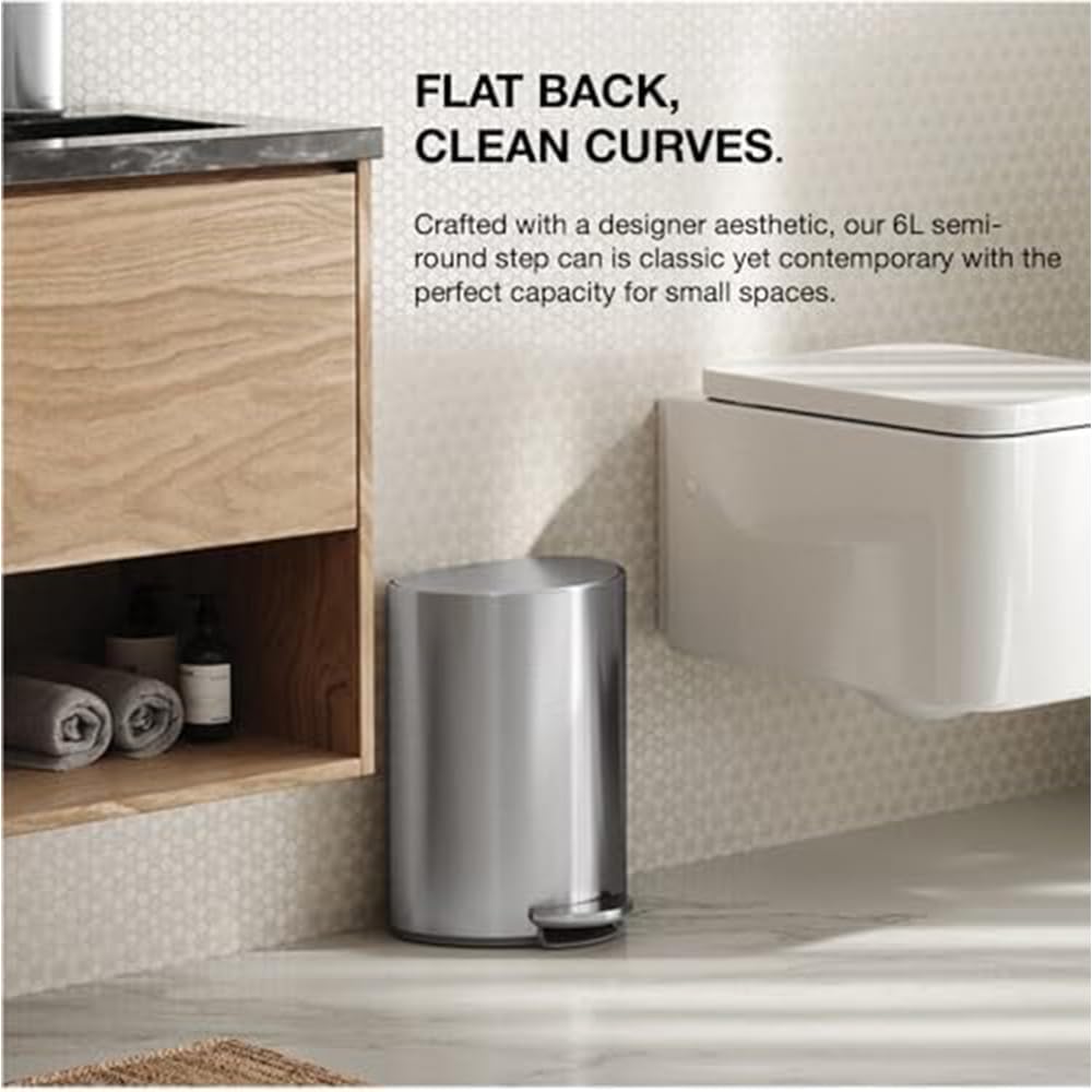 simplehuman Semi-Round Step Can, 6L / 1.6 Gallon Bathroom Trash Can, Liner Pocket®, Sleek Internal Hinge, 150,000-Step Pedal, Lid Shox® Silent Close, Brushed Stainless Steel