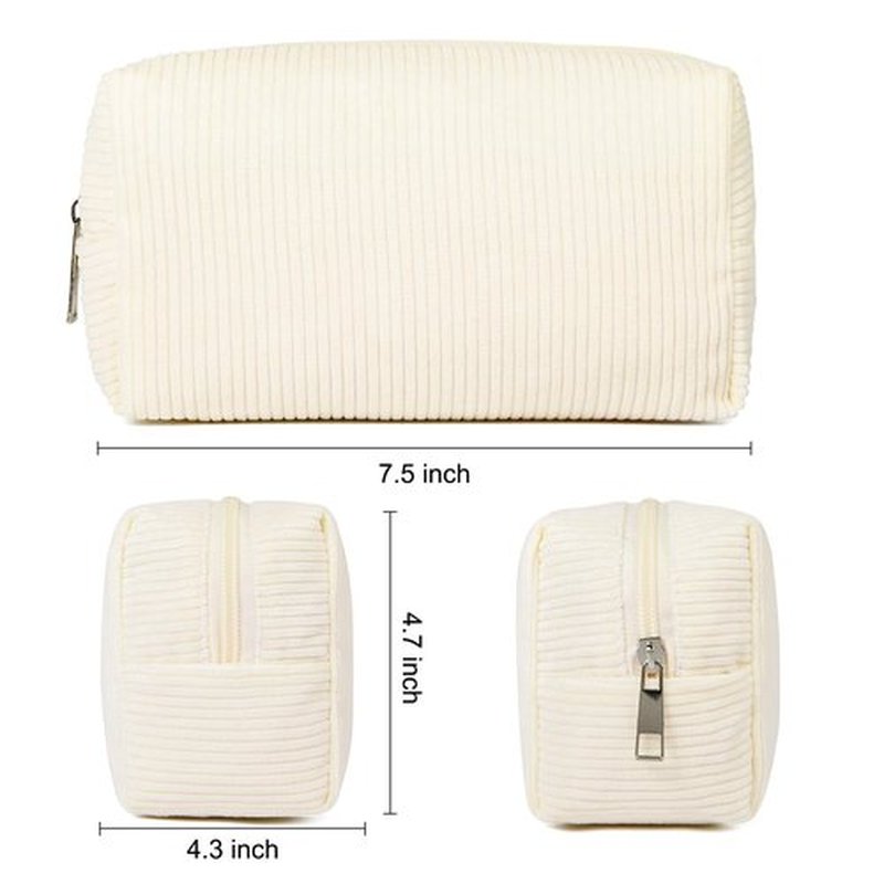 SOIDRAM 2 Pieces Makeup Bag Corduroy Cosmetic Bag White Pink Makeup Pouch Travel Toiletry Bag Organizer Cute Makeup Brushes Storage Bag for Women