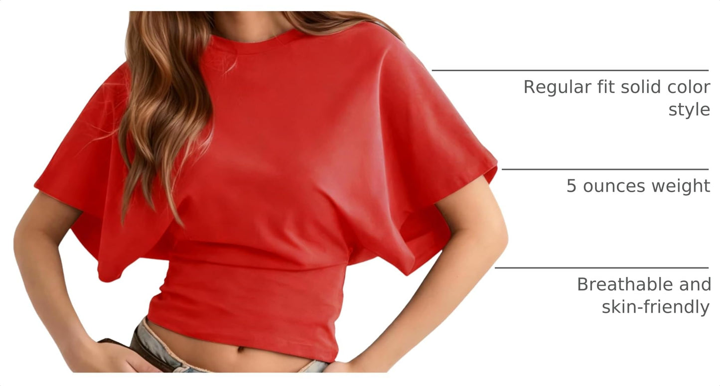 Lumister Shirts for Womens Crewneck Tighten Waist T-Shirt Casual Short Sleeve Workout Tops Solid Color Basic Tees(0781-Red-S)