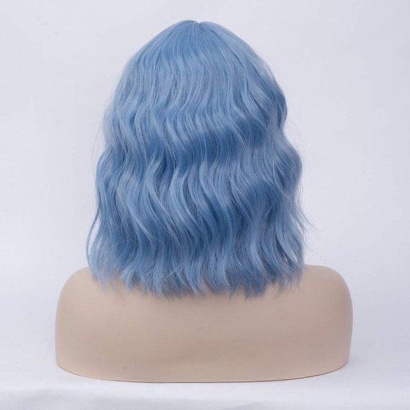 BUFASHION 14" Women Short Wavy Curly Wig Light Blue Bob Wig Cosplay Halloween Synthetic Wigs With Neat Bang Wig With Free Wig Cap (Light Blue 1)