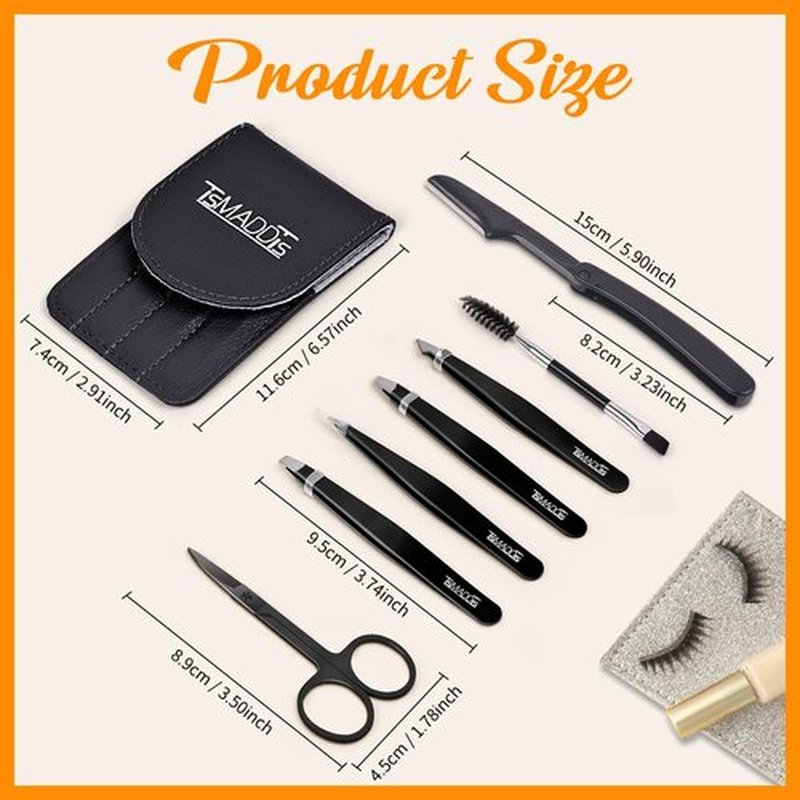 TsMADDTs Professional Stainless Steel Tweezers for Women and Men, 7 Pack Precision Tweezers for Eyebrows with Curved Scissors and Eyebrow Razor for Ingrown Hair