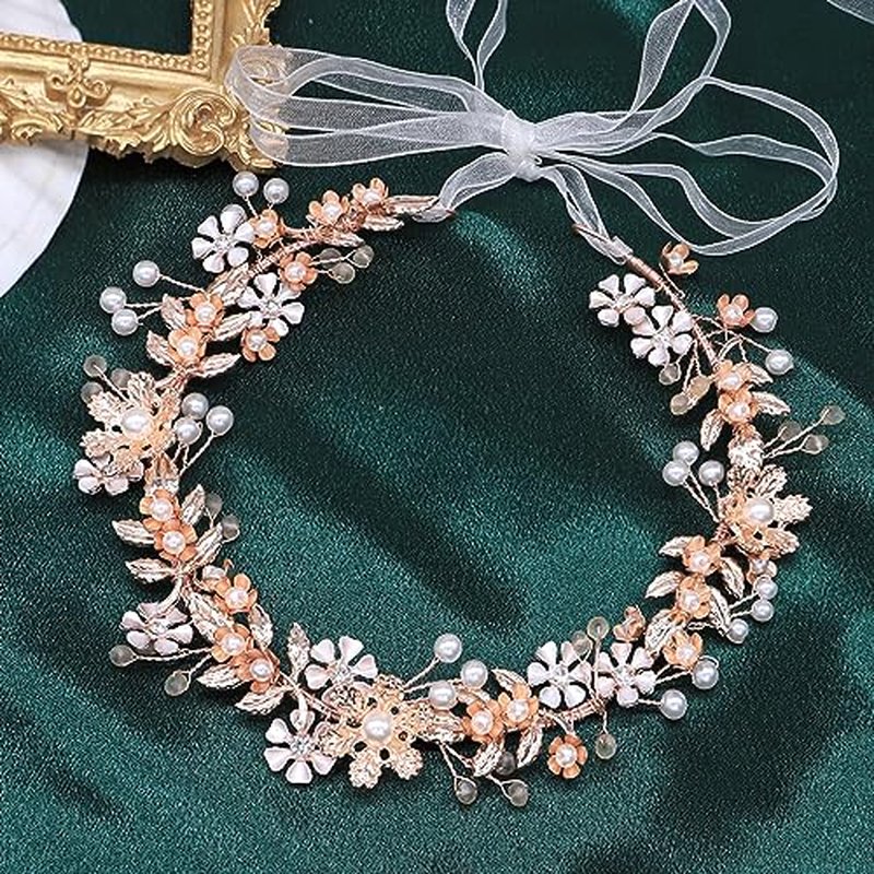 Ammei Headpiece Wedding Headband Tiara Flower Leaves Design Hair Vine With Pearls And Rhinestones (Rose Gold)