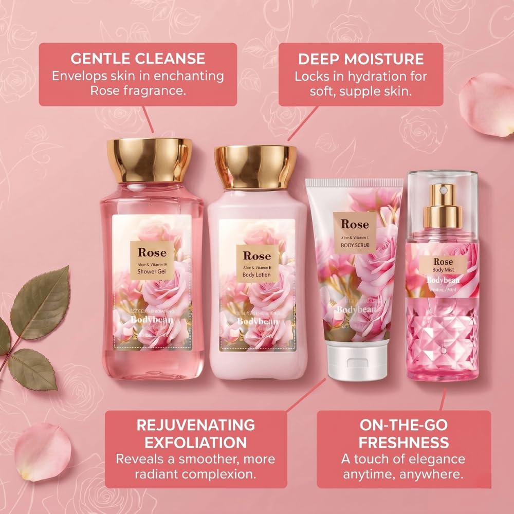 Rose Bath and Body Gift Set for Mom, 4-Piece Set Collection, Shower Gel, Body Lotion, Body Mist, Exfoliating Scrub, Personal Body Care Travel Set, Gifts for Her, Bridesmaid Gifts