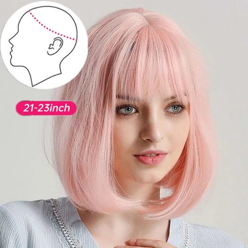 Tangyaoyusun 12Inch Black Wig with Bang Short Straight Bob Hair For Girls Women Theme Party (Pink)