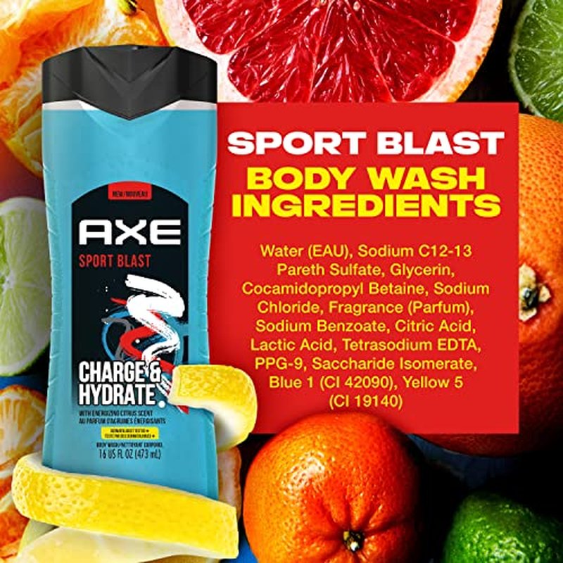 AXE Body Wash Charge and Hydrate Sports Blast Energizing Citrus Scent Men's Body Wash 100 percent Recycled Bottle 16 oz (Pack of 2)