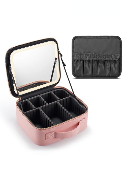 MIRRORNOVA Travel Makeup Bag with Lighted Mirror，Makeup Train Case with Adjustable Dividers and 3 Light Modes, PVC, Pink