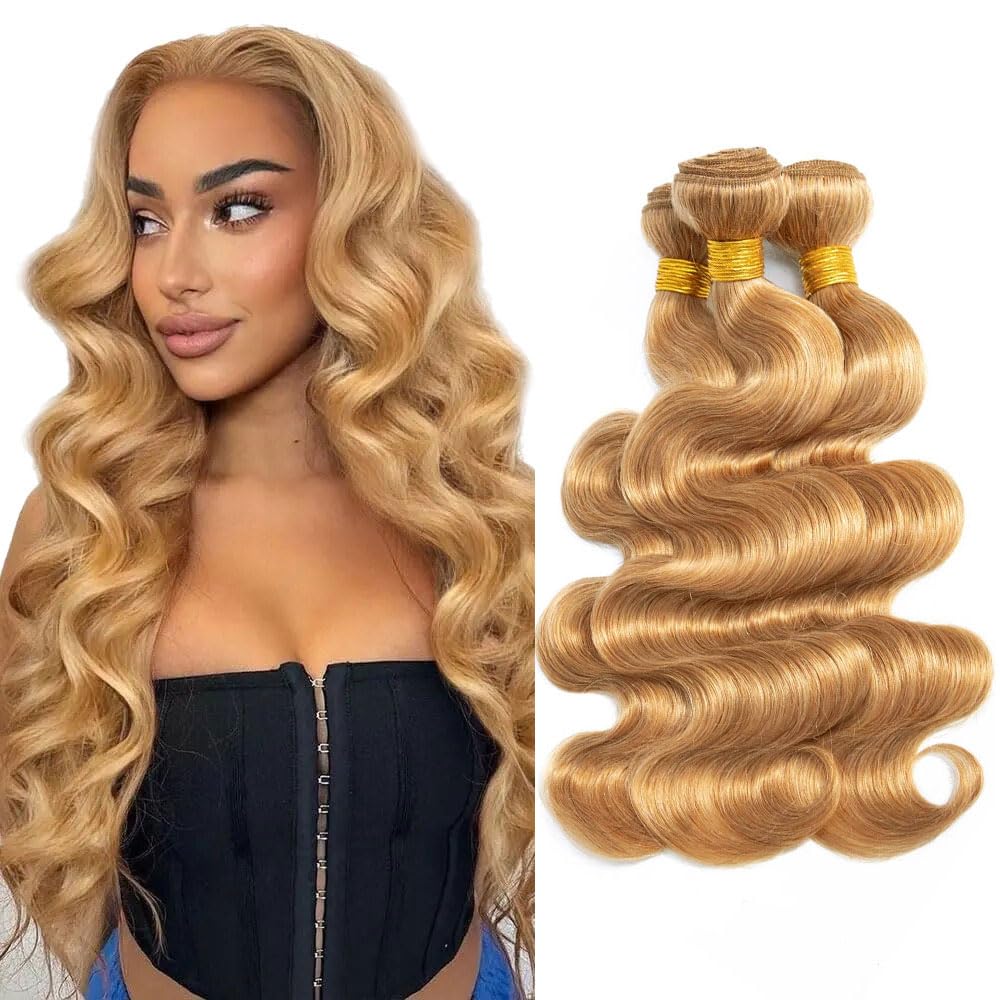 Color 27 Human Hair Bundles Honey Blonde Body Wave Bundles Human Hair 8A Grade Brazilian Unprocessed Virgin Hair 3 Bundles 8 10 12 Inch Color 27 Bundles Human Hair