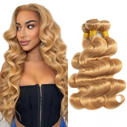 Color 27 Human Hair Bundles Honey Blonde Body Wave Bundles Human Hair 8A Grade Brazilian Unprocessed Virgin Hair 3 Bundles 8 10 12 Inch Color 27 Bundles Human Hair