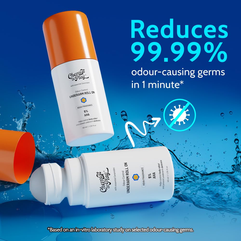 Chemist at Play UnderArm Roll-On with 5% AHA, Lactic Acid & 1% Mandelic Acid | Prevents Body Odour, Brightens Skin & Exfoliates Underarm | For Sensitive Skin | Aqua Fragrance | Alcohol Free 2.5 Fl oz
