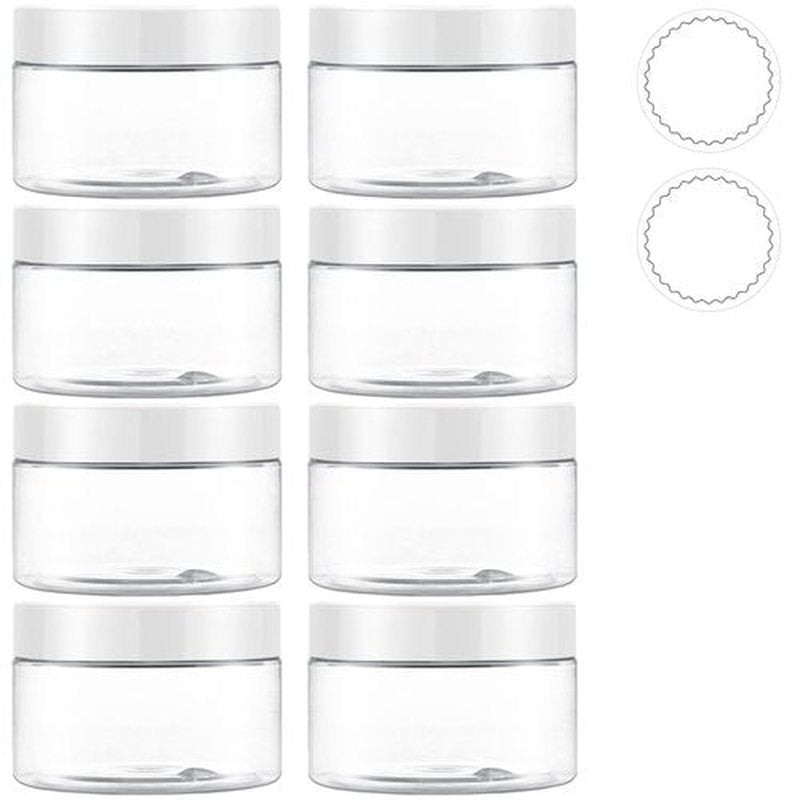 4 OZ Plastic Jars With Lids, 8 Pack Elumeiro Small Plastic Cosmetic Contianers Empty Round Cream Jar with Stickers For Lotion, Scrubs, Powder, Ointment, Makeup