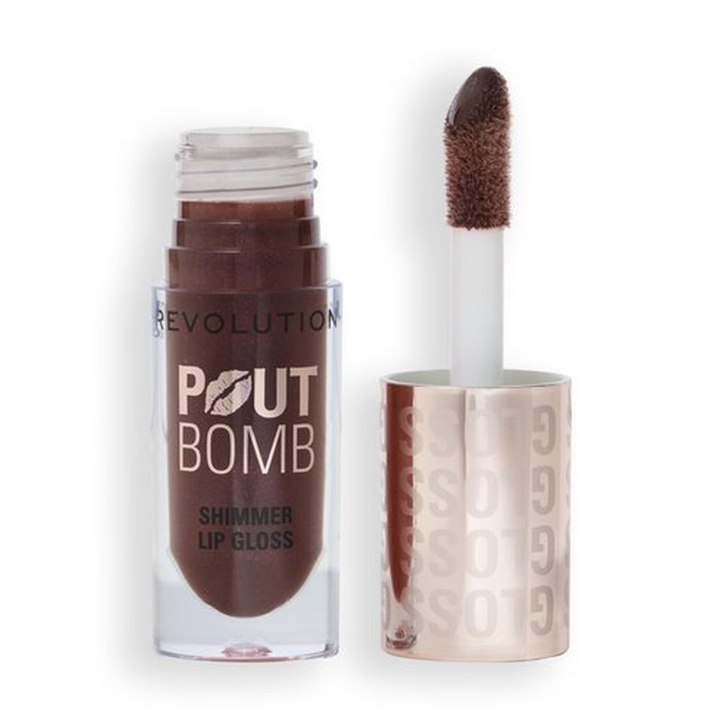 Revolution, Pout Bomb Shimmer Gloss, High-Shine Lip Gloss & Shimmer for Glossy Lips with Hyaluronic Acid & Sweet Vanilla Scent, Chocolate Sparkle, 0.15 Oz