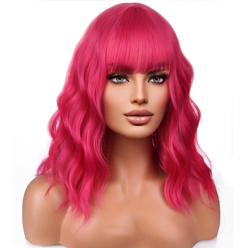 BERON 14 Inches Hot Pink Wig Short Curly Wig Women Girl's Synthetic Wig Rose Red Wig with Bangs Wig Cap Included