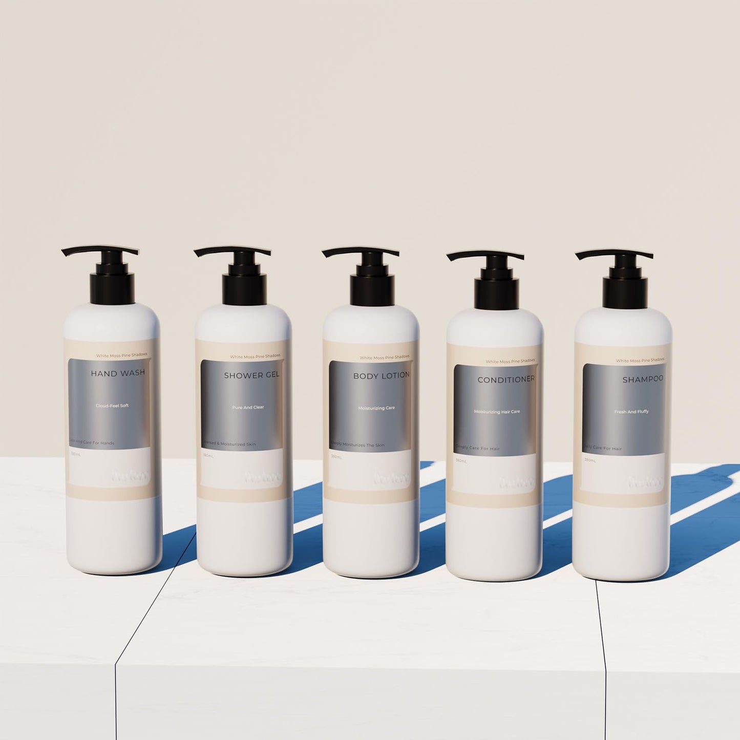 OUSTANE Floral White Moss Pine Shadows Hotel Toiletries Amenities Set (8 Pack) Bulk Hotel Amenities- 2-Shampoo, 2-Body Wash, 2-Hand Wash, 1-Conditioner and 1-Body Lotion, With bracket