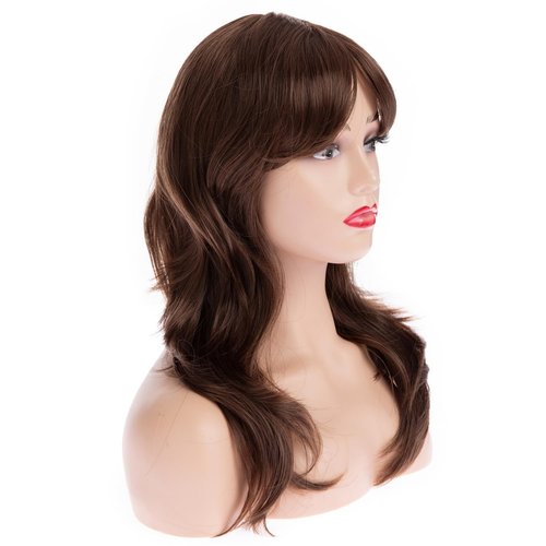 Wiwige long Wavy Brown Wig with Bangs for Women Heat Resistant Synthetic Hair Wigs for Daily Use,Brown