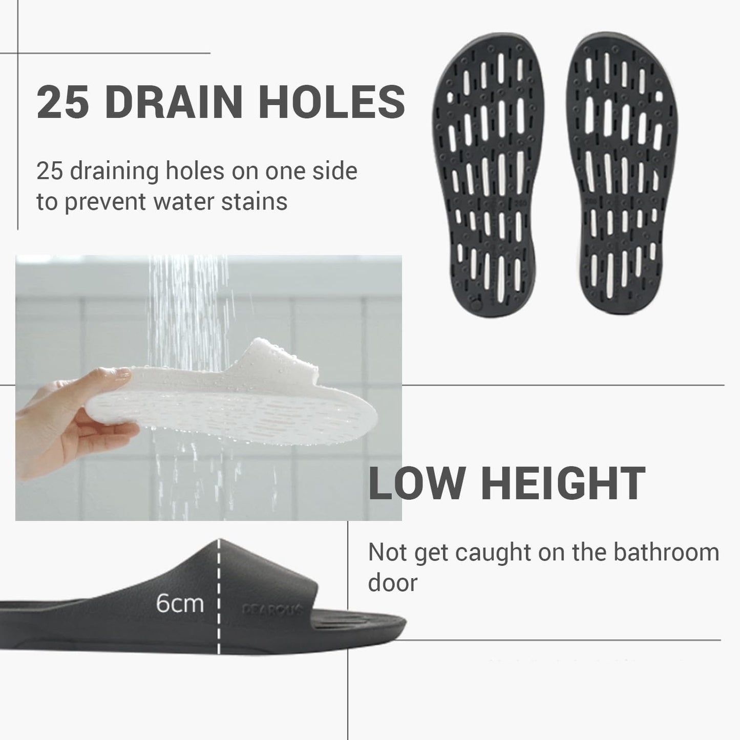 DEARCUS Shower Slippers with Comfortable Anti Slip Pad - Quick Drying Slippers with Drainage Holes – Non Slip Thick Sole Sandals – Open Toe Home Slippers – Piu Meno, Deep Grey, For Men (9-12)