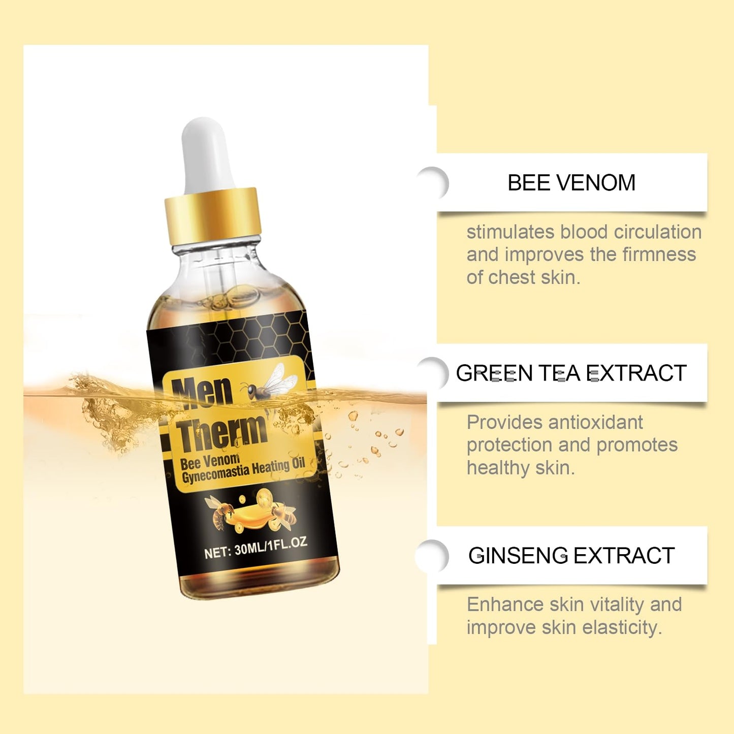 Men Therm Bee Venom Gynecomastia Heating Oil, Chest Firming Treatment with Green Tea Extract and Ginseng, 30ml/1 fl oz