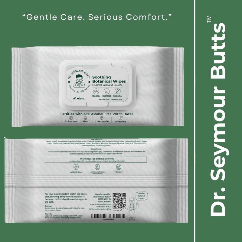 Dr. Seymour Butts Hemorrhoid Care Wipes – 45% Witch Hazel, Aloe Vera, Vitamin E & Calendula | Alcohol-Free Soothing Cleansing Wipes for Gentle Comfort and Hygiene – 45 Count
