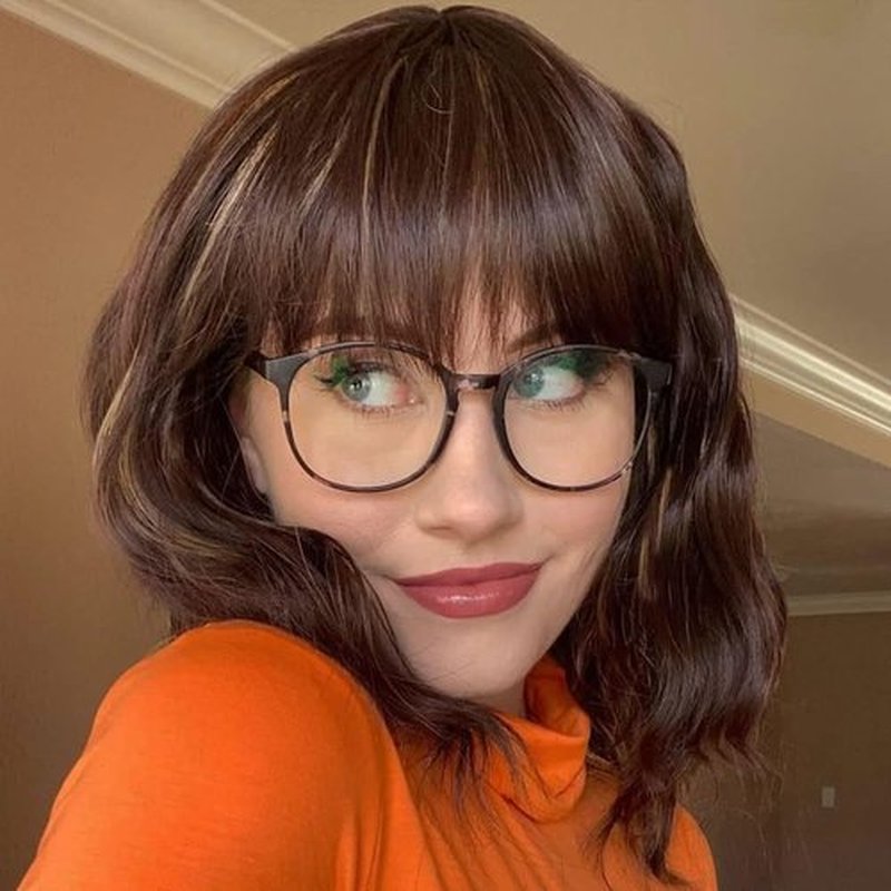 Amarlis Blonde Highlight Wigs for Women, 14 Inch Brown Mix Blonde Wavy Bob Wig with Bangs, Natural Looking Soft Heat Resistant Synthetic Wig for Daily Party Use
