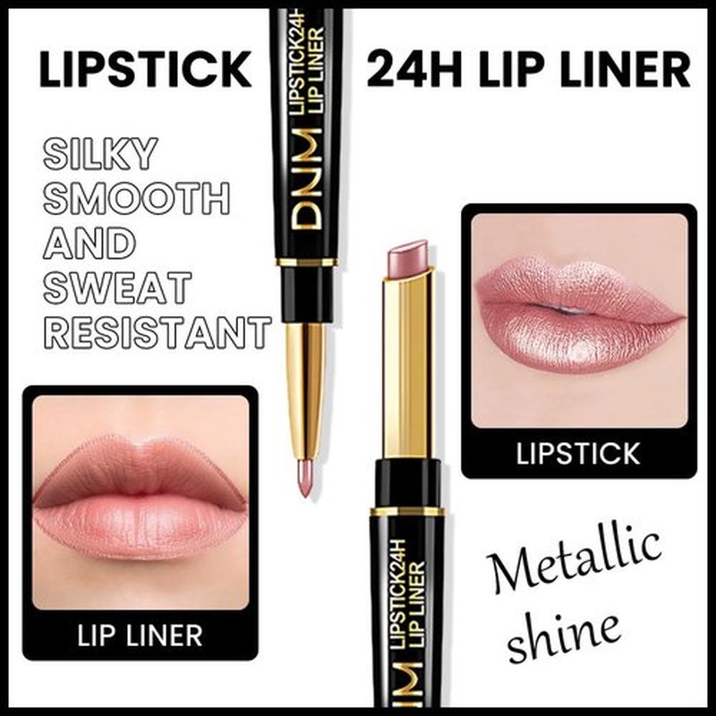 2 in 1 Rose Nude Matte Lip Liner & Lipstick Combination, DNM Metallic Dual Ended Lipstick, Lip Liner, Lip Gloss, 24 Hour all Day Long-Lasting Waterproof Lipliners Pen for Women Lip Makeup Gift Set 17#