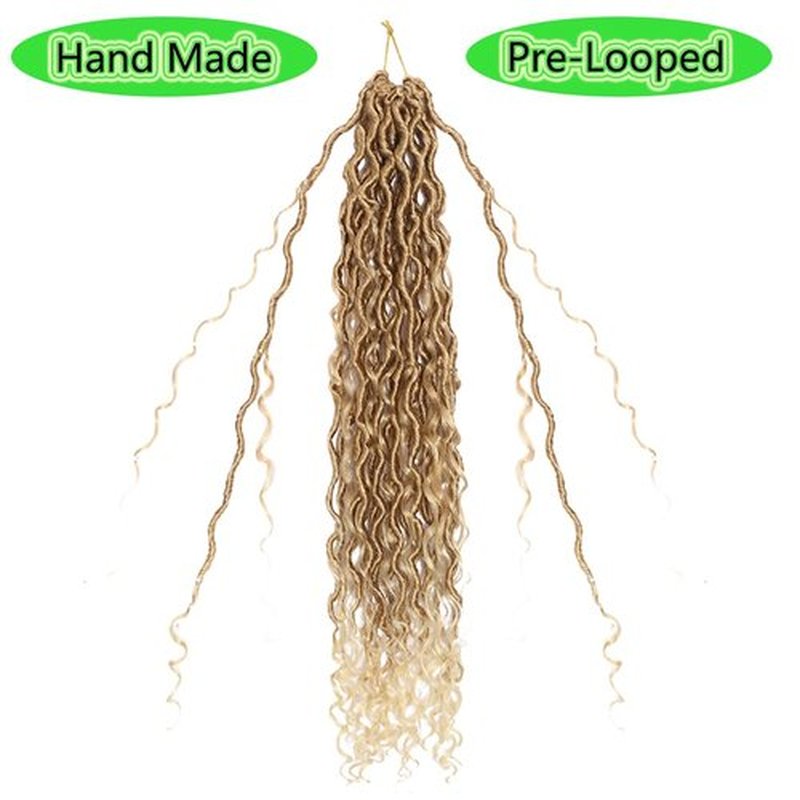 BALINGHAIR Goddess Locs Crochet Hair Ombre Light Brown to Beige 22 Inch 3 Packs Bohemian Faux Locs Crochet Hair With Curly Ends Pre Looped Hair Extensions 16 Roots/Pack(27/613)