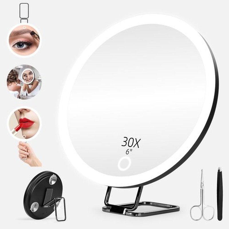 30X Magnifying Mirror with Light, Large 6'' Magnifying Makeup Mirror with Light 30x, Travel Mirror with 30X High Magnification Compact 30x Magnified Mirror with Light, 3 Suction Cup & Adjustable Stand