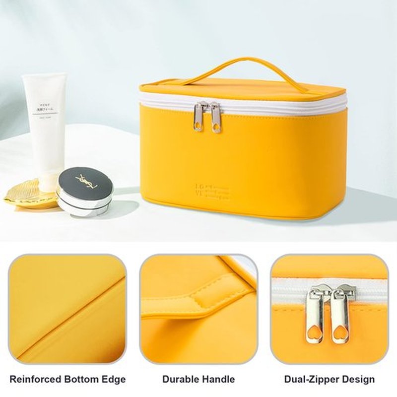 Makeup Bag Portable Travel Cosmetic Bag for Women, Beauty Zipper Makeup Organizer PU Leather Washable Waterproof (Yellow)