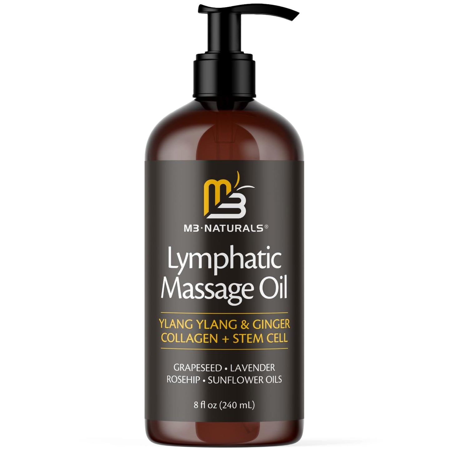 Lymphatic Massage Oil for Massage Therapy - Lymphatic Drainage Oil for Body Care Circulation & Detox Support with Ylang Ylang, Ginger, Lavender, Grapeseed, Vitamin E & Stem Cell (8 Fl Oz) by M3