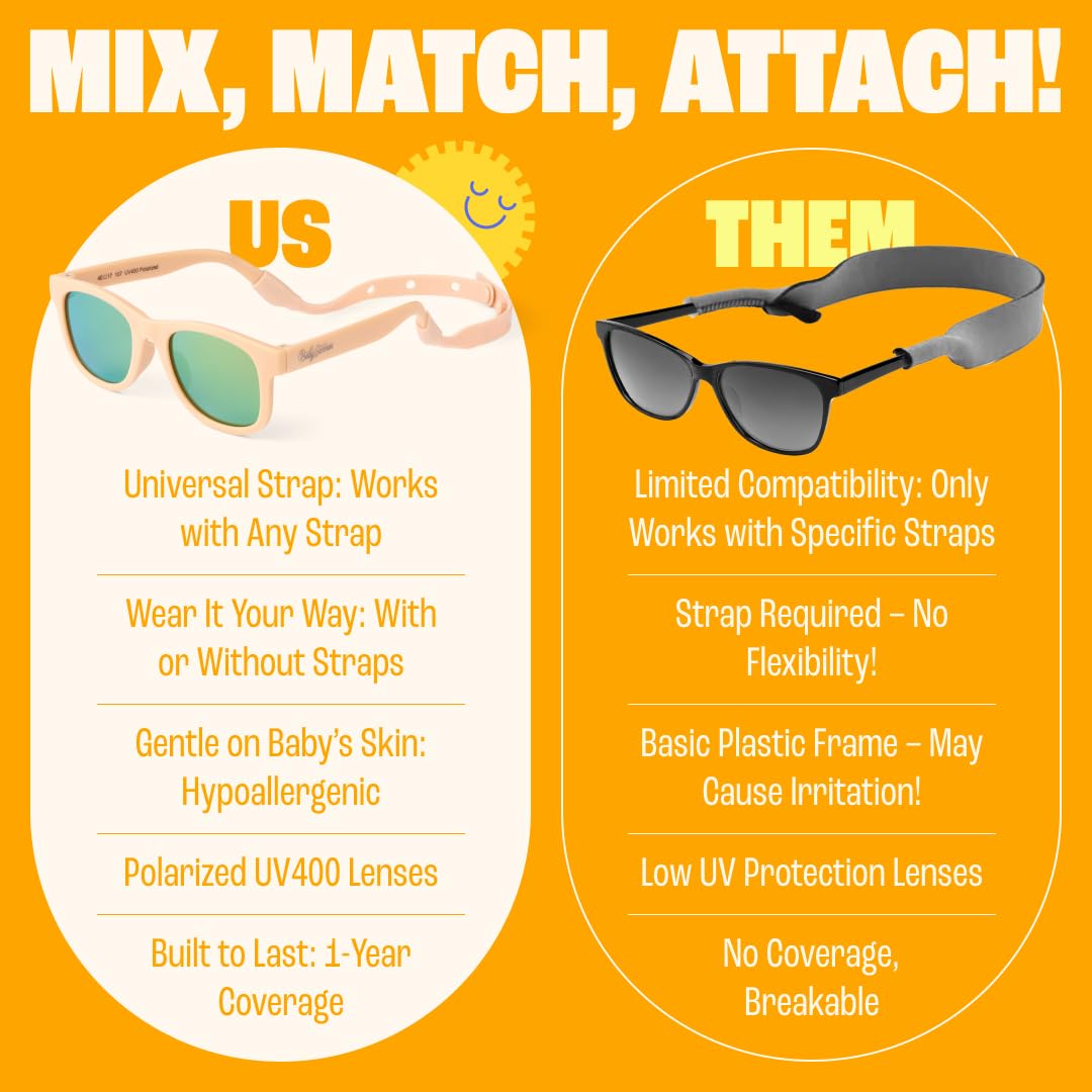 BABY SUNNIES Polarized Baby Sunglasses with Strap - 2 Pairs, Peach & Black - Unbreakable Flexible Infant Sunglasses - Toddlers & Newborns 0-24 Months - Baby Beach Essentials - Infant Travel Essentials