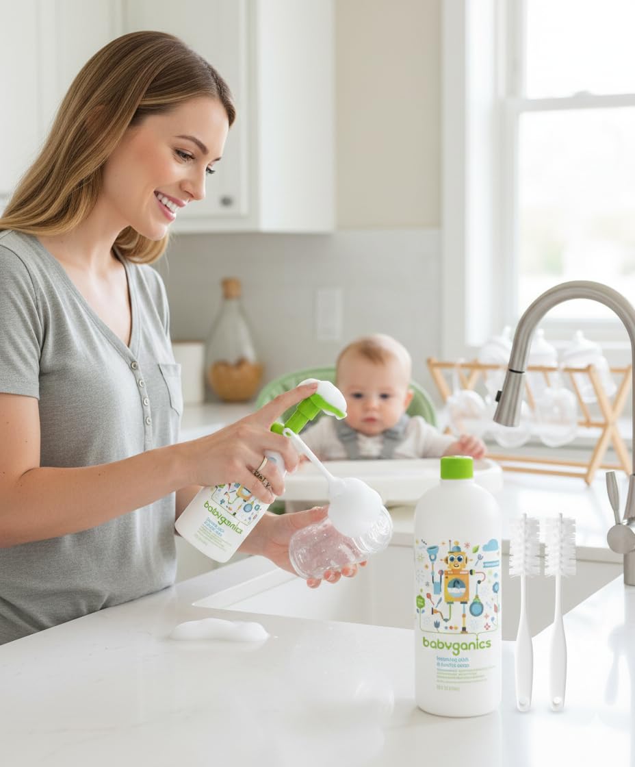 LuxProdX Baby ganics 16 Ounce Dish Dazzler Foaming Dish and Bottle Soap with Refill Kit BUNDLED with Two (2) Bottle Brushes BONUS