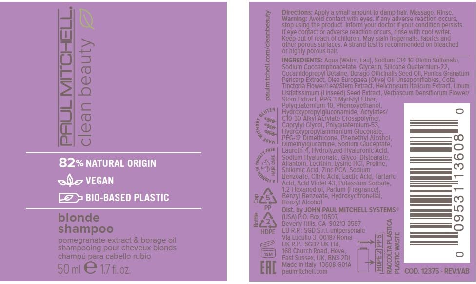 Paul Mitchell Clean Beauty Blonde Purple Shampoo, Gently Cleanses, Eliminates Brassy Tones, For Color-Treated Hair + Naturally Light Hair Colors