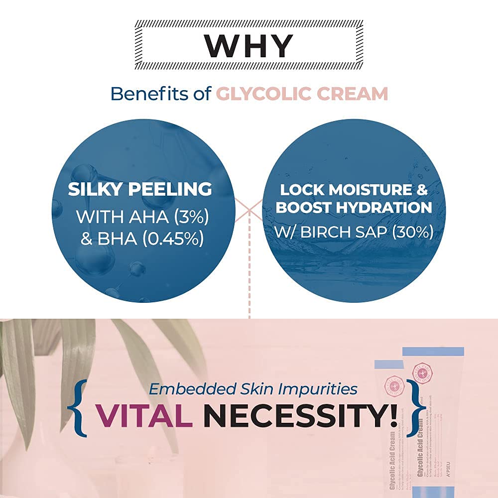 A’PIEU Glycolic Acid Cream 1.69 fl oz - AHA BHA Exfoliating Moisturizer with Glycolic & Salicylic Acid | Hydrating Daily Peeling Gel Cream for Smooth, and Clear Skin. Korean Skincare