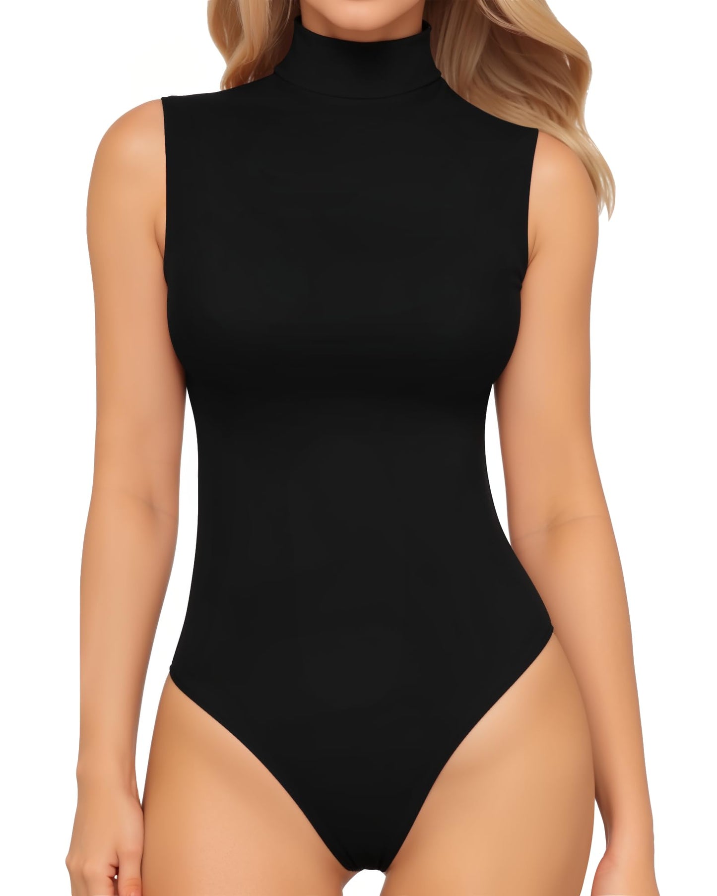 MANGOPOP Women's Mock Turtle Neck Long Sleeve Tops Bodysuit Jumpsuit