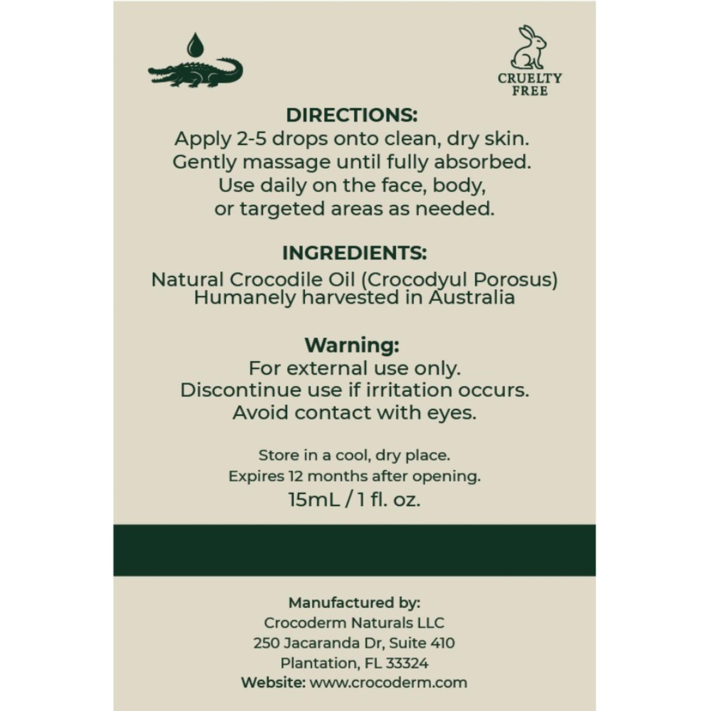 Crocoderm Pure Crocodile Oil – Fast Absorbing Skin Moisturizer for Face & Body – 100% Single Ingredient – Lightweight, Non-Greasy Hydration (15mL)