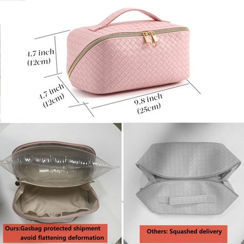 MINGRI Large Capacity Travel Cosmetic Bag for Women,Portable PU Leather Checkered Makeup Bag Water Resistant,Flat Open Multifunctional Storage Toiletry Bag with Divider and Handle (Woven-Pink)