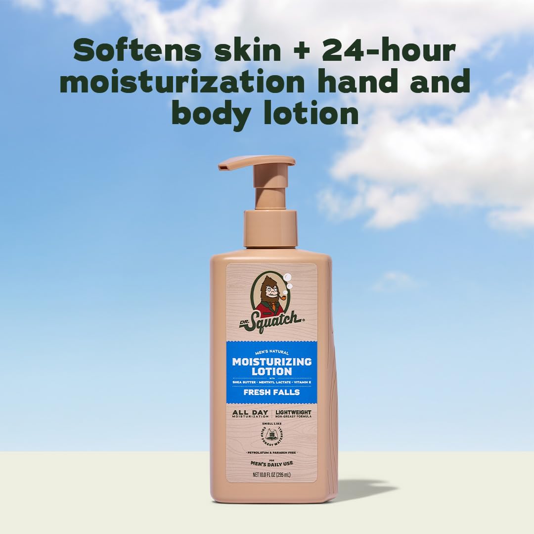 Dr. Squatch Natural Hand and Body Lotion for Men - Made with Shea Butter, Coconut Oil, Vitamin E for 24-Hr Moisturization - Pine Tar & Fresh Falls (10 fl oz, 2-Pack)