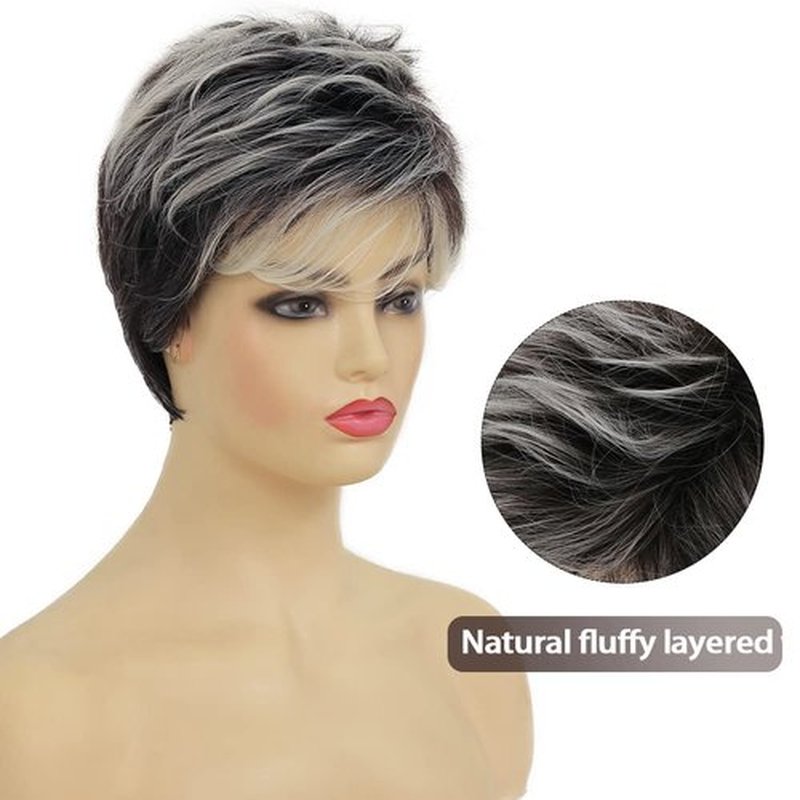 Kaneles Short Grey Pixie Cut Wigs for Women Layered Soft Fluffy Old Lady Synthetic Wigs for Daily Party Costume Use（Gray Mix Brown）