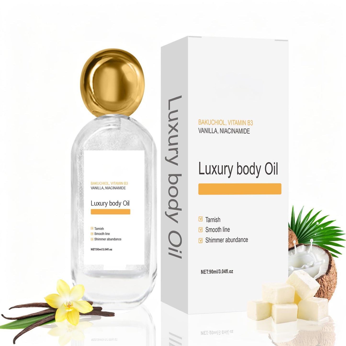 LMDGDS Luxury Vanilla Body Oil Hydrating & Shimmer for Radiant Smooth Skin and Long-Lasting Fragrance (90ml / 3.04oz)