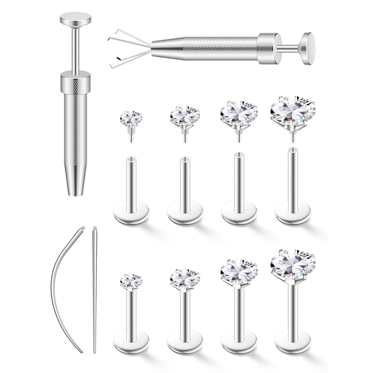 16G Flat Back Stud Earrings for Women Men Set - Hypoallergenic Surgical Steel Internal Thread Tragus Helix Cartilage Conch Nose Piercing Jewelry - Be Equipped With Piercing Ball Grabber Tool (Silver)