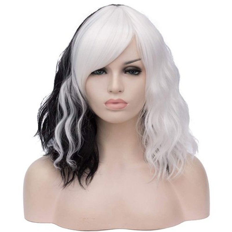 BERON 14 Inches Black White Women’s Black White Curly Wig with Bangs Two Tone Wig for Women Halloween Cosplay Wig for Daily Use Synthetic Wigs (Black and White)