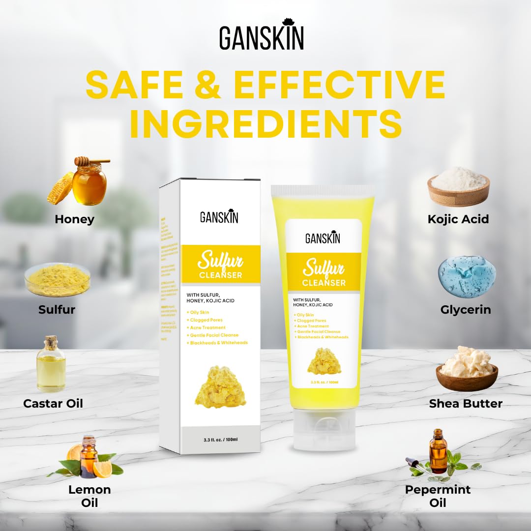 Ganskin Sulfur Soap – Sulfur Face & Body Wash – Sulphur Exfoliating Facial Cleanser Absorbs Excess Oil, Reduces the Look of Breakouts & Cleanses Skin – Natural Oily & Blemish-Prone Skin Care