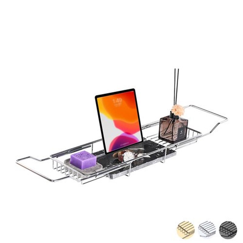 MARBBNEST Bathtub Tray Caddy for Luxury Bath Expandable Extra Wide Bath Tub Tray with Natural Marble Tray and Mobile/Tablet Stand, Ideal for Home Spa Lovers (Chrome + Black)