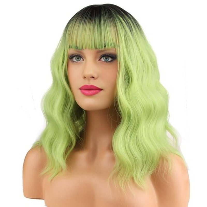 BERON 14 Inches Matcha Green Wig with Bangs Ombre Green Wigs Short Green Wigs for Halloween Party