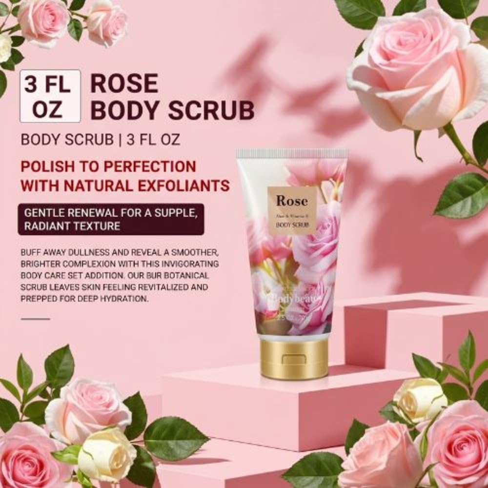 Rose Bath and Body Gift Set for Mom, 4-Piece Set Collection, Shower Gel, Body Lotion, Body Mist, Exfoliating Scrub, Personal Body Care Travel Set, Gifts for Her, Bridesmaid Gifts