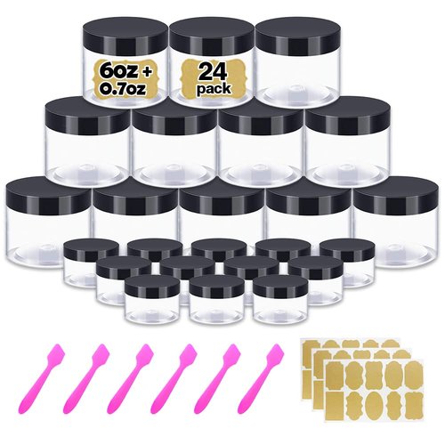 6 oz Small Plastic Containers with Lids Plastic Jars with Lids + 20g/20ml Small Containers with Lids Cosmetic Sample Jar (24 Pack) - for Lip Scrub, Body Butters, Cream, Slime, Craft Storage
