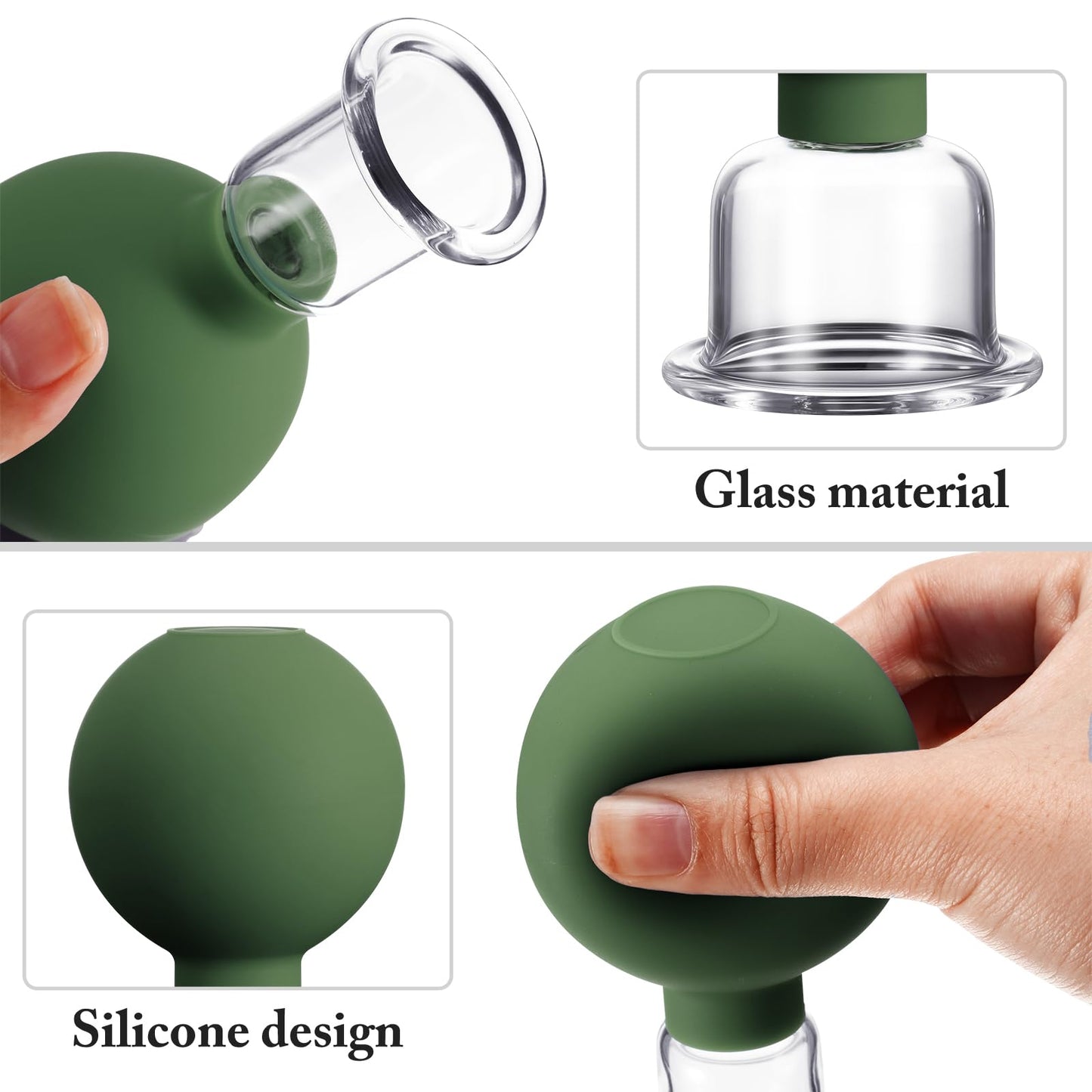 BBTO 4 Pcs Glass Facial Cupping Set Silicone Vacuum Suction Massage Cups Skin Tightening Therapy for Face Body Eyes Back Shoulder Pain(Military Green)