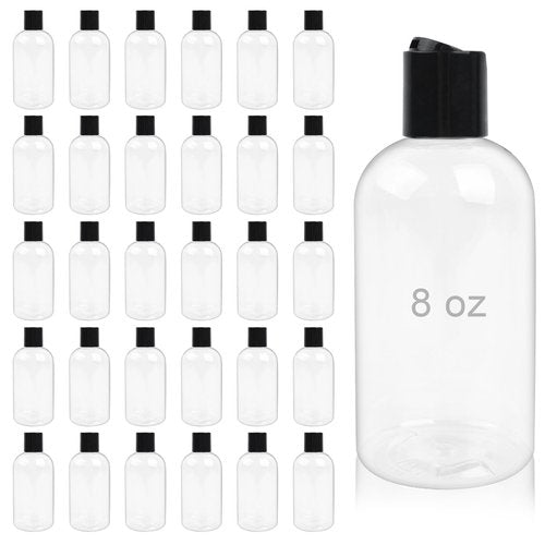 Neendohome 30 Pack 8 oz Empty Plastic Bottles with Black Disc Caps Reusable Clear Leak-proof Travel Squeeze Containers for Shampoo Conditioner Toiletries Liquid Soap