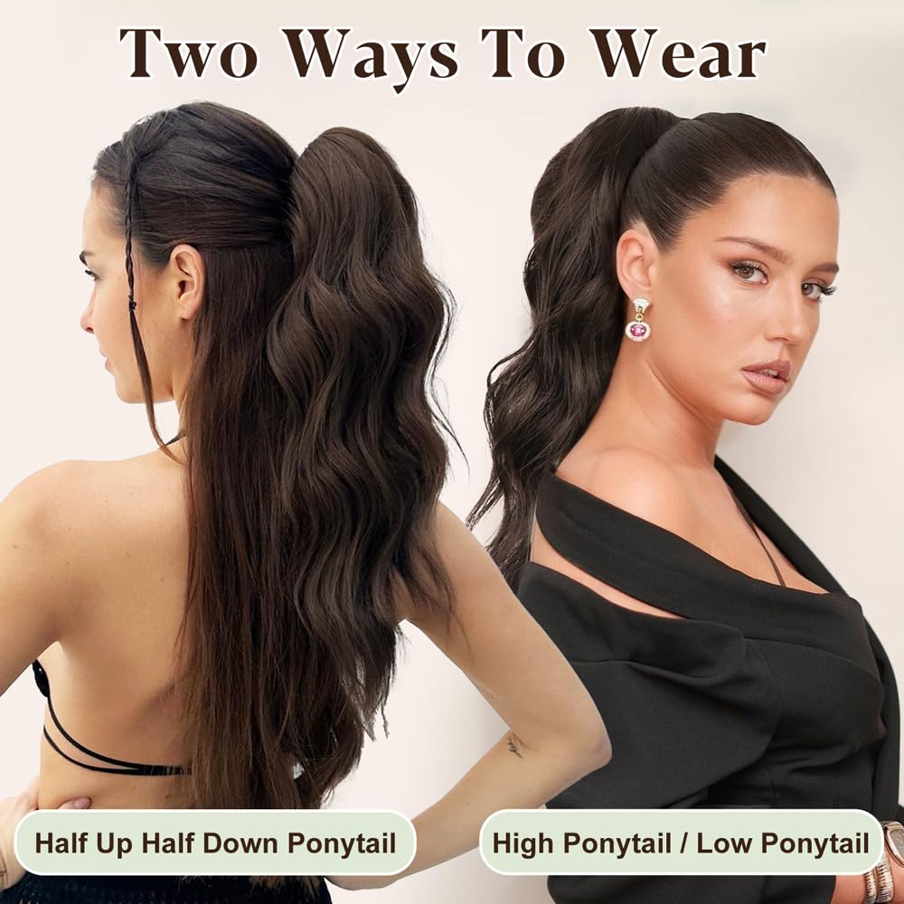 ALXNAN Ponytail Extension,16 Inch Claw Ponytail Hair Extensions for Women，Claw Clip in Long Wavy Synthetic Chestnut Brown Ponytail Extension for Daily Use.